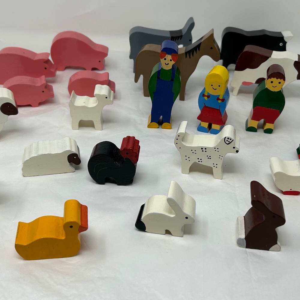 Farm animals people thick wood block play set toys